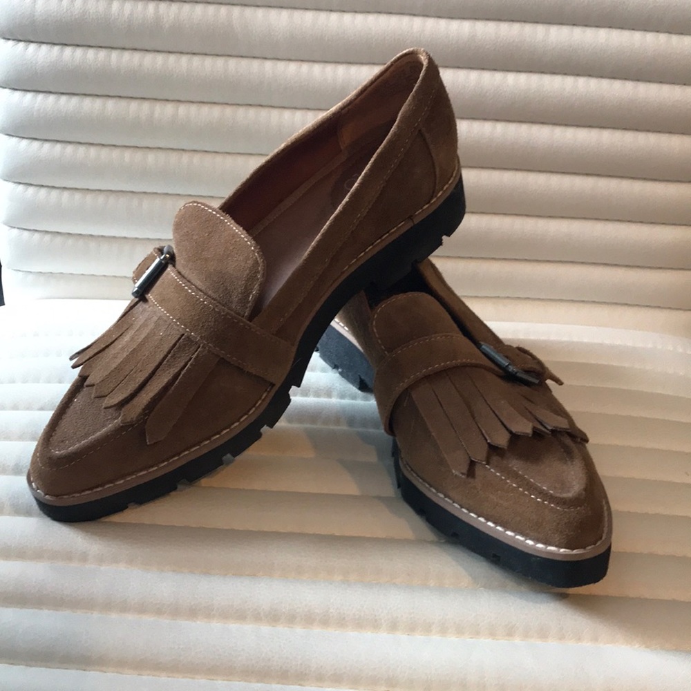 Tan, suede loafer with fringe detail. Franco Sarto size 8.5